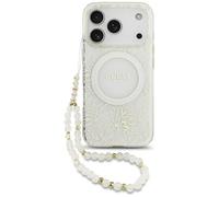 Coque Guess IML Flowers Electro Pearl Strap MagSafe Étui pour iPhone 17 Pro Blanc