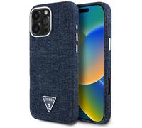 CG Mobile Guess Coque de Protection en Denim avec Logo Triangle Compatible avec MagSafe pour iPhone 16 Pro (Bleu)