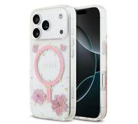 CG MOBILE Guess Coque de protection en résine avec fleurs à paillettes compatible avec MagSafe pour iPhone 17 Pro (rose)