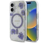 CG MOBILE Guess Coque de protection en résine avec fleurs pailletées compatible avec MagSafe pour iPhone 16 (violet)