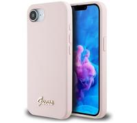 Guess Étui Silicone Script Logo métal MagSafe pour iPhone 16e – Rose