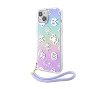 CG MOBILE Guess Coque de téléphone pour iPhone 15 Plus en IML irisé avec cordon violet, anti-rayures, coque rigide confortable et durable avec ports accessibles, absorption des chocs