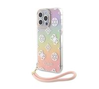 CG MOBILE Guess Coque de téléphone pour iPhone 15 Pro Max en IML Iridescent avec Cordon Rose, Anti-Rayures, Confortable et Durable, Coque Rigide avec Ports accessibles, Absorption des Chocs