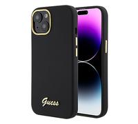 CG Mobile Guess Coque en Silicone Liquide Logo Script Metal et Cadre Photo Noir Compatible avec iPhone 15
