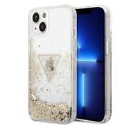 CG MOBILE Guess Coque Liquide à Paillettes avec Logo Triangle translucide, Extra Brillante, Double Bouclier de Protection, Design Classique, Anti-Rayures, Compatible avec iPhone 14 Plus (Transparent