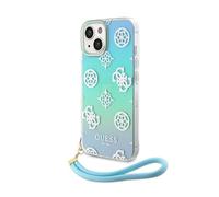 CG MOBILE Guess Coque pour iPhone 15 pouces IML Iridescent Coque avec Cordon Turquoise, Anti-Rayure, Confortable & Durable Coque Rigide avec Ports Accessibles, Absorption des Chocs