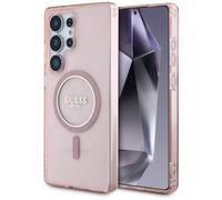 CG MOBILE Guess Glitter Circle Logo Classic Compatible avec MagSafe Coque pour Samsung Galaxy S25 Ultra (Rose)