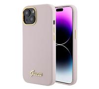 CG MOBILE Guess GUHCP15SSMBSLP Coque pour iPhone 15 6,1" Rose Coque Rigide en Silicone avec Logo et Cadre en métal Script