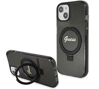 CG MOBILE Guess GUHMP15SHRSGSK Coque pour iPhone 15 6,1" Noir Coque Rigide Anneau Support Script Paillettes