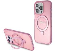 CG MOBILE Guess GUHMP15XHRSGSP Coque pour iPhone 15 Pro Max 6,7" Rose Coque Rigide Ring Stand Script Glitter
