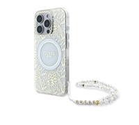 CG Mobile Guess GUHMP16LHCPOFPH Coque pour iPhone 16 Pro 6,3" Étui Rigide Blanc Fleurs IML Allover Electro avec Sangle Perle