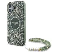CG Mobile Guess GUHMP16SHCPOFPA Coque pour iPhone 16 6,1" Vert Étui Rigide IML Fleurs Allover Electro avec Sangle Perle