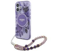 CG Mobile Guess GUHMP16SHFWBRCESU Coque Rigide pour iPhone 16 6,1" Violet Fleurs IML avec Sangle Perle