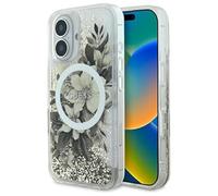 CG MOBILE Guess GUHMP16SLFMWTE Coque pour iPhone 16 6,1" Beige Coque Rigide Liquide Paillettes Fleurs