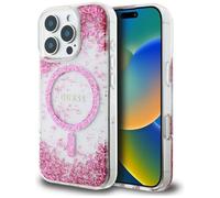 CG Mobile Guess HC Coque de Protection en résine avec Fond à Paillettes pour iPhone 16 Pro, Compatible avec MagSafe Rose