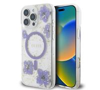 CG Mobile Guess HC Coque de téléphone conçue pour iPhone 16 Pro, Durable, résistante aux Chocs, Compatible avec MagSafe, Fleurs en résine Violet