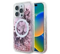 CG Mobile Guess HC Coque de téléphone conçue pour iPhone 16 Pro, Durable, résistante aux Chocs, Compatible avec MagSafe, LIQ Glitter Flower Case Rose
