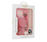 CG MOBILE Guess HC Coque de téléphone conçue pour iPhone 16 Pro, durable, résistante aux chocs, compatible avec Magsafe, IML fleurs avec bracelet perlé, rose