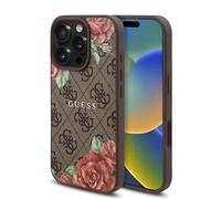 CG Mobile Guess HC Coque de téléphone conçue pour iPhone 16 Pro Max, Durable, résistante aux Chocs, Compatible avec Magsafe, étui PU 4G imprimé Fleurs Marron