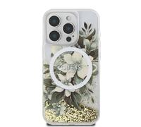 CG MOBILE Guess HC Coque de téléphone conçue pour iPhone 16 Pro Max, durable, résistante aux chocs, compatible avec MagSafe, LIQ Glitter Flower Case Beige