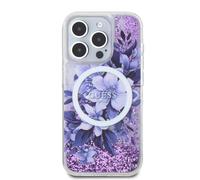 CG MOBILE Guess HC Coque de téléphone conçue pour iPhone 16 Pro Max, durable, résistante aux chocs, compatible avec MagSafe, LIQ Glitter Flower Case Violet