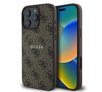 CG Mobile Guess HC Coque de téléphone conçue pour iPhone 16 Pro Max, Durable, résistante aux Chocs, Compatible avec MagSafe, étui en PU 4G Ring Classic Logo Case Marron