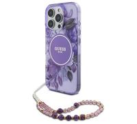 CG Mobile Guess HC Coque de téléphone conçue pour iPhone 16 Pro Max, Durable, résistante aux Chocs, Compatible avec Magsafe, IML Fleurs avec Bracelet perlé Violet