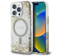 CG MOBILE Guess HC Coque en résine avec fond à paillettes pour iPhone 16 Pro Compatible avec MagSafe Doré