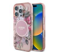 CG MOBILE Guess IML Coque rigide transparente pour iPhone 16 Pro Max, compatible avec MagSafe, motif floral et logo cercle ton sur ton, absorption des chocs, protection contre les chutes, rose
