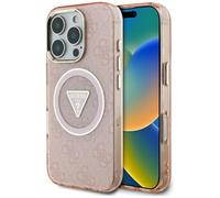 CG Mobile Guess IML Metal Glitter 4G Circle Triangle Compatible avec MagSafe Coque pour iPhone 16 Pro Max (Rose)