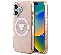 CG Mobile Guess IML Metal Glitter 4G Circle Triangle Compatible avec MagSafe Coque pour iPhone 16 (Rose)
