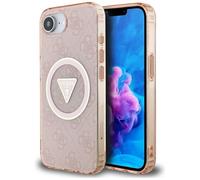 CG Mobile Guess IML Metal Glitter 4G Circle Triangle Compatible avec MagSafe Coque pour iPhone 16e (Rose)