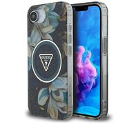 CG Mobile Guess IML Metal Glitter Flowers Triangle Compatible avec MagSafe Coque pour iPhone 16e (Noir)