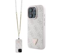 CG MOBILE Guess Leather Coque de protection en cuir avec logo en métal et strass pour iPhone 16 Pro 6,3" (rose)