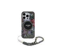 CG MOBILE Guess Magsafe IML Coque Rigide avec Motif Floral et Sangle perlée pour iPhone 16 Pro Max, Protection Contre Les Chutes, Coupe ajustée, découpes précises, Facile à Clipser, Noir