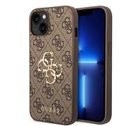 CG MOBILE Guess Phone Case - Coque de téléphone iPhone 14 Plus en Marron 4G avec Grand Logo en métal Anti-Rayures, Confortable et Durable avec Ports accessibles
