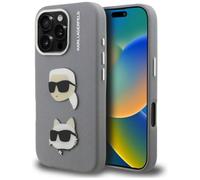 CG MOBILE Karl Lagerfeld FW Grained Karl & Choupette Heads Pins & Logo Coque pour iPhone 16 Pro Max (Gris)