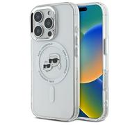 CG Mobile Karl Lagerfeld KLHMP14LHLSKCH Coque Rigide pour iPhone 14 Pro 6,1" Blanc Motif tête de Karl & Choupette en métal