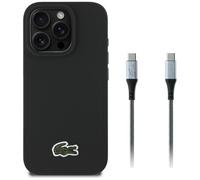 CG MOBILE Lacoste Coque 2 en 1 + câble USB-C Iconic Petit Pique tissé Compatible avec MagSafe pour iPhone 16 Pro Max (noir)