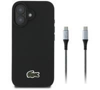 CG MOBILE Lacoste Coque 2 en 1 + câble USB-C Iconic Petit Pique tissé Compatible avec MagSafe pour iPhone 16 (noir)