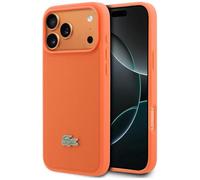 CG MOBILE LACOSTE Coque rigide en cuir synthétique pour iPhone 17 Pro, avec logo crocodile petit piqué, compatible avec MagSafe, anti-rayures, anti-chocs, avec bords surélevés, orange
