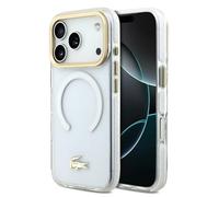 CG MOBILE Lacoste Coque transparente anti-chocs avec logo or givré compatible avec MagSafe pour iPhone 17 Pro (blanc)