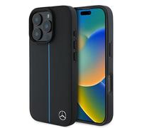CG MOBILE Mercedes-Benz HC Étui de téléphone conçu pour iPhone 16 Pro, durable, résistant aux chocs, compatible avec Magsafe, étui en cuir bleu ligne noire
