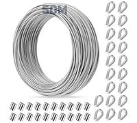 CGBOOM Câble métallique 2 mm, 50 m, gainé, en acier inoxydable 304, avec 20 cosses et 20 manchons de sertissage pour tuteurs, suspension lumineuse, clôture, corde à rideau, corde de rideau de douche
