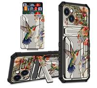 CGFGHHUY Coque pour iPhone 14 avec porte-cartes de crédit et béquille double couche en polycarbonate rigide souple TPU pour iPhone 14 5G 6,1" de 2022 - Fleur de colibri