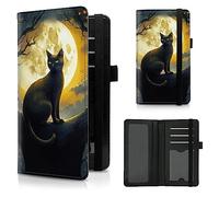 CGFGHHUY Protège-carnet de chèques personnel en cuir synthétique avec emplacements pour cartes, porte-stylo et sangle élastique pour chèques en double, Chat et lune., 7.28 x 3.93 inch, Chat et lune