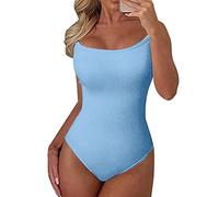 CGGMVCG Body côtelé pour femme sexy sans manches avec bretelles spaghetti à coupe basse Couleur unie, bleu ciel, X-Large