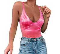 CGGMVCG Body pour femme en satin de soie avec bretelles spaghetti et dos nu, rose vif, Large