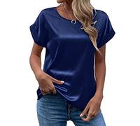 CGGMVCG Chemisier d'été à Manches Courtes en Satin de Soie pour Femme - Style décontracté - Col Rond, Bleu Marine, XXL