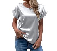 CGGMVCG Chemisier d'été à Manches Courtes en Satin de Soie pour Femme - Style décontracté - Col Rond, Gris, XXL